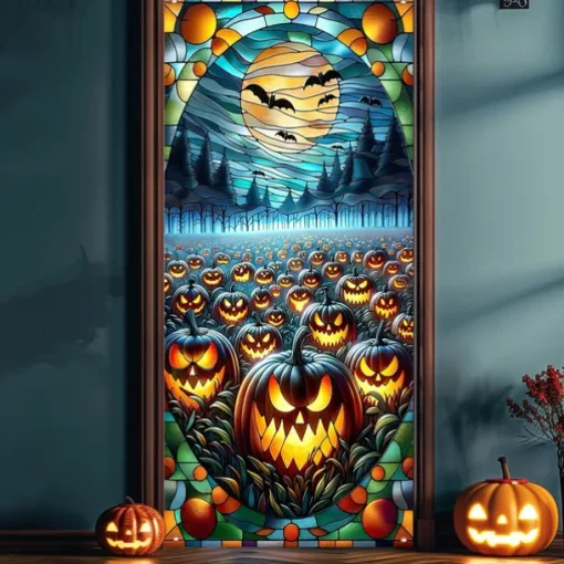 Halloween Door Cover Outdoor Banners Pumpkin Bat 3D Psychedelic Party Outdoor Shooting Backgrounds Front Door Wall Porch Decorations Wall Door Background