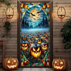 Halloween Door Cover Outdoor Banners Pumpkin Bat 3D Psychedelic Party Outdoor Shooting Backgrounds Front Door Wall Porch Decorations Wall Door Background