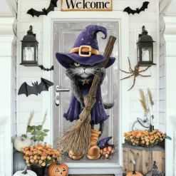 Halloween Door Cover Outdoor Banners Witch Cat Psychedelic Dark Punk Gothic Style Party Outdoor Shooting Backgrounds Front Door Wall Porch Decorations Wall Door Background
