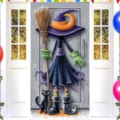 Halloween Door Cover Outdoor Banners Witch Cat Psychedelic Dark Punk Gothic Style Party Outdoor Shooting Backgrounds Front Door Wall Porch Decorations Wall Door Background