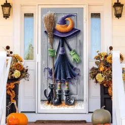 Halloween Door Cover Outdoor Banners Witch Cat Psychedelic Dark Punk Gothic Style Party Outdoor Shooting Backgrounds Front Door Wall Porch Decorations Wall Door Background