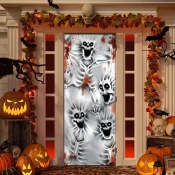 Halloween Door Cover Outdoor Banners Skeleton Ghost 3D Psychedelic Party Outdoor Shooting Backgrounds Front Door Wall Porch Decorations Wall Door Background