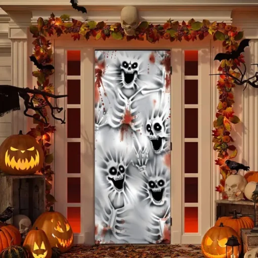 Halloween Door Cover Outdoor Banners Skeleton Ghost 3D Psychedelic Party Outdoor Shooting Backgrounds Front Door Wall Porch Decorations Wall Door Background