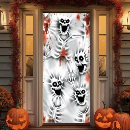 Halloween Door Cover Outdoor Banners Skeleton Ghost 3D Psychedelic Party Outdoor Shooting Backgrounds Front Door Wall Porch Decorations Wall Door Background