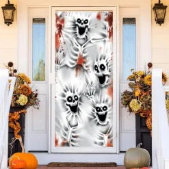 Halloween Door Cover Outdoor Banners Skeleton Ghost 3D Psychedelic Party Outdoor Shooting Backgrounds Front Door Wall Porch Decorations Wall Door Background