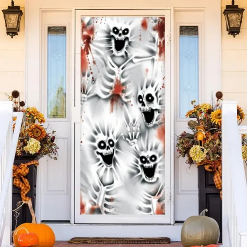 Halloween Door Cover Outdoor Banners Skeleton Ghost 3D Psychedelic Party Outdoor Shooting Backgrounds Front Door Wall Porch Decorations Wall Door Background