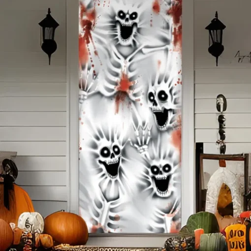 Halloween Door Cover Outdoor Banners Skeleton Ghost 3D Psychedelic Party Outdoor Shooting Backgrounds Front Door Wall Porch Decorations Wall Door Background