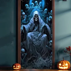 Halloween Door Cover Outdoor Banners Grim Reaper 3D Psychedelic Party Outdoor Shooting Backgrounds Front Door Wall Porch Decorations Wall Door Background