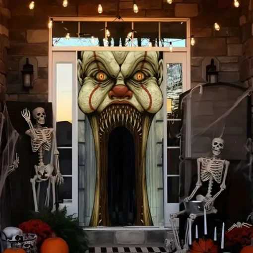 Halloween Door Cover Outdoor Banners Clown Psychedelic Dark Punk Gothic Style Party Outdoor Shooting Backgrounds Front Door Wall Porch Decorations Wall Door Background