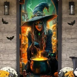 Halloween Door Cover Outdoor Banners Witch Psychedelic Dark Punk Gothic Style Party Outdoor Shooting Backgrounds Front Door Wall Porch Decorations Wall Door Background