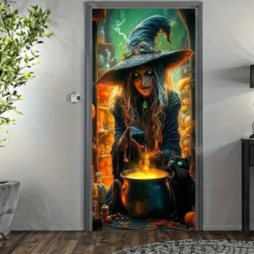 Halloween Door Cover Outdoor Banners Witch Psychedelic Dark Punk Gothic Style Party Outdoor Shooting Backgrounds Front Door Wall Porch Decorations Wall Door Background