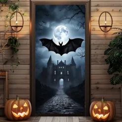 Halloween Door Cover Outdoor Banners Bat Castle Psychedelic Dark Punk Gothic Style Party Outdoor Shooting Backgrounds Front Door Wall Porch Decorations Wall Door Background