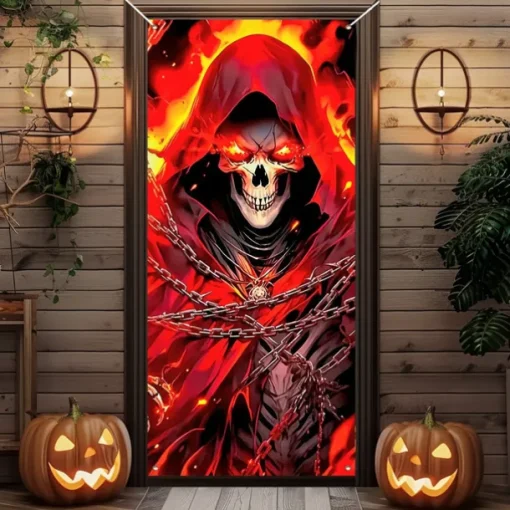 Halloween Door Cover Outdoor Banners Skeleton Psychedelic Dark Punk Gothic Style Party Outdoor Shooting Backgrounds Front Door Wall Porch Decorations Wall Door Background