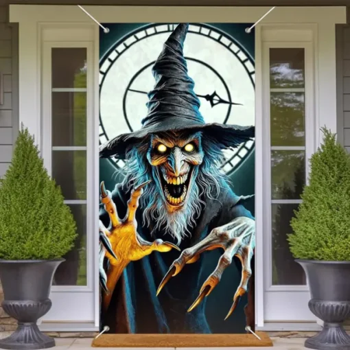 Halloween Door Cover Outdoor Banners Skeleton Witch 3D Psychedelic Party Outdoor Shooting Backgrounds Front Door Wall Porch Decorations Wall Door Background