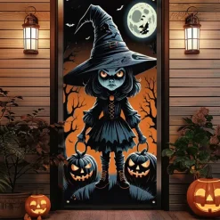 Halloween Door Cover Outdoor Banners Pumpkin Witch Psychedelic Dark Punk Gothic Style Party Outdoor Shooting Backgrounds Front Door Wall Porch Decorations Wall Door Background