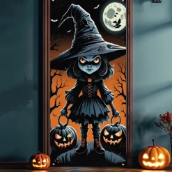 Halloween Door Cover Outdoor Banners Pumpkin Witch Psychedelic Dark Punk Gothic Style Party Outdoor Shooting Backgrounds Front Door Wall Porch Decorations Wall Door Background