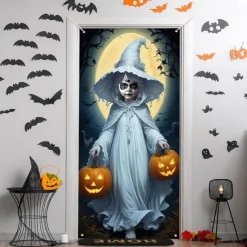 Halloween Door Cover Outdoor Banners Pumpkin Witch Psychedelic Dark Punk Gothic Style Party Outdoor Shooting Backgrounds Front Door Wall Porch Decorations Wall Door Background