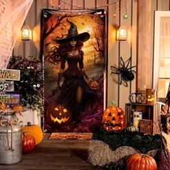 Halloween Door Cover Outdoor Banners Witch Psychedelic Dark Punk Gothic Style Party Outdoor Shooting Backgrounds Front Door Wall Porch Decorations Wall Door Background