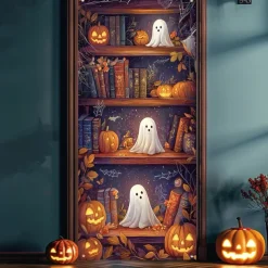 Halloween Door Cover Outdoor Banners Pumpkin Bookshelf 3D Psychedelic Party Outdoor Shooting Backgrounds Front Door Wall Porch Decorations Wall Door Background