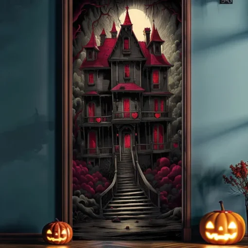 Halloween Door Cover Outdoor Banners Castle Rose Psychedelic Dark Punk Gothic Style Party Outdoor Shooting Backgrounds Front Door Wall Porch Decorations Wall Door Background
