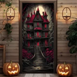 Halloween Door Cover Outdoor Banners Castle Rose Psychedelic Dark Punk Gothic Style Party Outdoor Shooting Backgrounds Front Door Wall Porch Decorations Wall Door Background