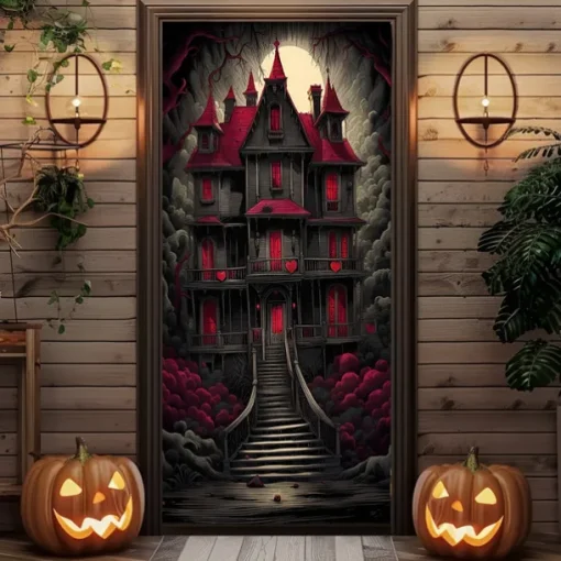 Halloween Door Cover Outdoor Banners Castle Rose Psychedelic Dark Punk Gothic Style Party Outdoor Shooting Backgrounds Front Door Wall Porch Decorations Wall Door Background