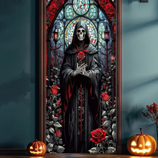 Halloween Door Cover Outdoor Banners Skeleton Psychedelic Dark Punk Gothic Style Party Outdoor Shooting Backgrounds Front Door Wall Porch Decorations Wall Door Background