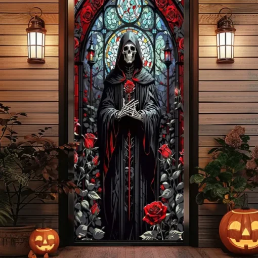 Halloween Door Cover Outdoor Banners Skeleton Psychedelic Dark Punk Gothic Style Party Outdoor Shooting Backgrounds Front Door Wall Porch Decorations Wall Door Background