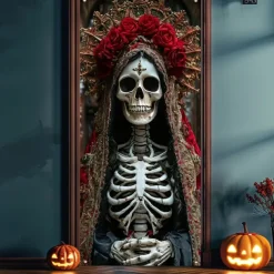 Halloween Door Cover Outdoor Banners Skeleton Psychedelic Dark Punk Gothic Style Party Outdoor Shooting Backgrounds Front Door Wall Porch Decorations Wall Door Background