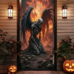 Halloween Door Cover Outdoor Banners Skeleton Angel of Death Psychedelic Dark Punk Gothic Style Party Outdoor Shooting Backgrounds Front Door Wall Porch Decorations Wall Door Background