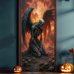 Halloween Door Cover Outdoor Banners Skeleton Angel of Death Psychedelic Dark Punk Gothic Style Party Outdoor Shooting Backgrounds Front Door Wall Porch Decorations Wall Door Background