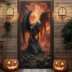 Halloween Door Cover Outdoor Banners Skeleton Angel of Death Psychedelic Dark Punk Gothic Style Party Outdoor Shooting Backgrounds Front Door Wall Porch Decorations Wall Door Background