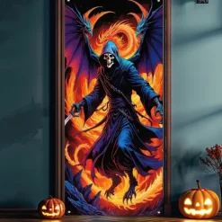 Halloween Door Cover Outdoor Banners Skeleton Angel of Death Psychedelic Dark Punk Gothic Style Party Outdoor Shooting Backgrounds Front Door Wall Porch Decorations Wall Door Background