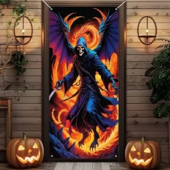 Halloween Door Cover Outdoor Banners Skeleton Angel of Death Psychedelic Dark Punk Gothic Style Party Outdoor Shooting Backgrounds Front Door Wall Porch Decorations Wall Door Background