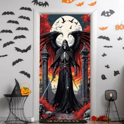 Halloween Door Cover Outdoor Banners Skeleton Angel of Death Psychedelic Dark Punk Gothic Style Party Outdoor Shooting Backgrounds Front Door Wall Porch Decorations Wall Door Background
