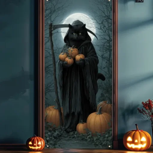 Halloween Door Cover Outdoor Banners Pumpkin Cat Psychedelic Dark Punk Gothic Style Party Outdoor Shooting Backgrounds Front Door Wall Porch Decorations Wall Door Background