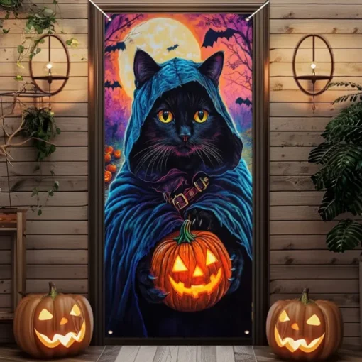 Halloween Door Cover Outdoor Banners Pumpkin Cat Psychedelic Dark Punk Gothic Style Party Outdoor Shooting Backgrounds Front Door Wall Porch Decorations Wall Door Background