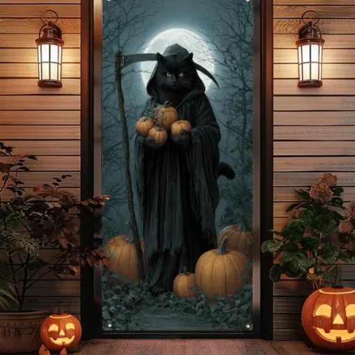 Halloween Door Cover Outdoor Banners Pumpkin Cat Psychedelic Dark Punk Gothic Style Party Outdoor Shooting Backgrounds Front Door Wall Porch Decorations Wall Door Background