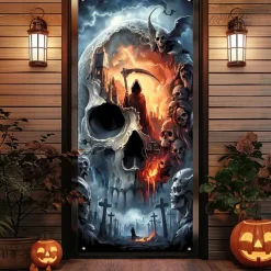 Halloween Door Cover Outdoor Banners Skeleton 3D Psychedelic Party Outdoor Shooting Backgrounds Front Door Wall Porch Decorations Wall Door Background