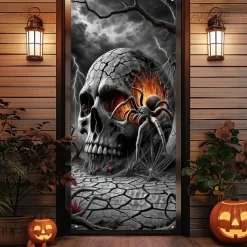 Halloween Door Cover Outdoor Banners Skeleton 3D Psychedelic Party Outdoor Shooting Backgrounds Front Door Wall Porch Decorations Wall Door Background