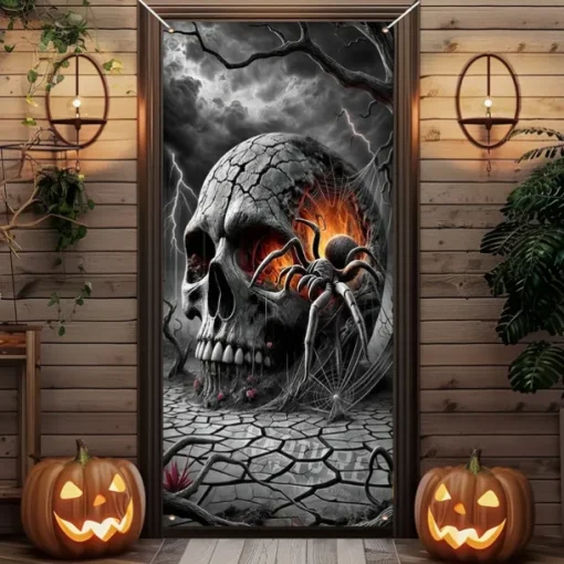 Halloween Door Cover Outdoor Banners Skeleton 3D Psychedelic Party Outdoor Shooting Backgrounds Front Door Wall Porch Decorations Wall Door Background