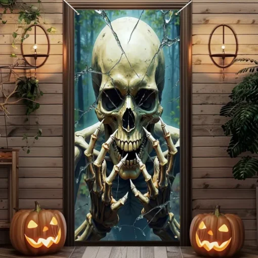 Halloween Door Cover Outdoor Banners Skeleton Psychedelic Dark Punk Gothic Style Party Outdoor Shooting Backgrounds Front Door Wall Porch Decorations Wall Door Background