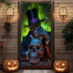 Halloween Door Cover Outdoor Banners Skeleton Psychedelic Dark Punk Gothic Style Party Outdoor Shooting Backgrounds Front Door Wall Porch Decorations Wall Door Background