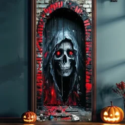 Halloween Door Cover Outdoor Banners Skeleton Grim Reaper Psychedelic Dark Punk Gothic Style Party Outdoor Shooting Backgrounds Front Door Wall Porch Decorations Wall Door Background
