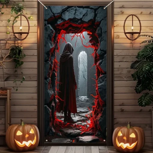 Halloween Door Cover Outdoor Banners Skeleton Grim Reaper Psychedelic Dark Punk Gothic Style Party Outdoor Shooting Backgrounds Front Door Wall Porch Decorations Wall Door Background