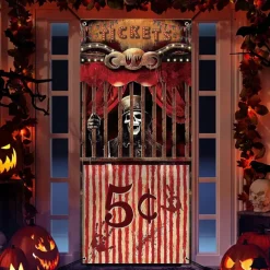 Halloween Door Cover Outdoor Banners Skeleton Circus Psychedelic Dark Punk Gothic Style Party Outdoor Shooting Backgrounds Front Door Wall Porch Decorations Wall Door Background