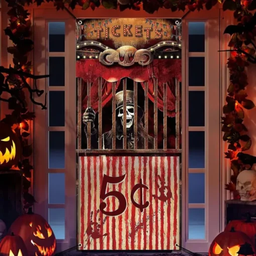 Halloween Door Cover Outdoor Banners Skeleton Circus Psychedelic Dark Punk Gothic Style Party Outdoor Shooting Backgrounds Front Door Wall Porch Decorations Wall Door Background