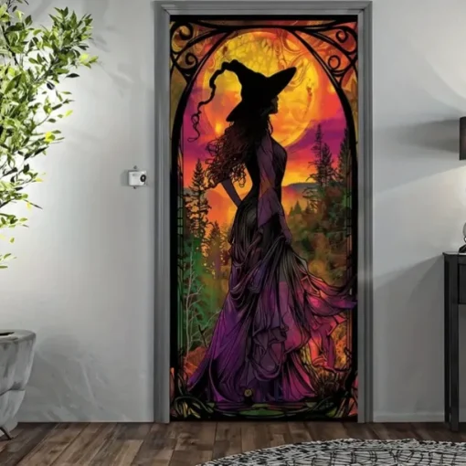 Halloween Door Cover Outdoor Banners Pumpkin Witch Psychedelic Dark Punk Gothic Style Party Outdoor Shooting Backgrounds Front Door Wall Porch Decorations Wall Door Background