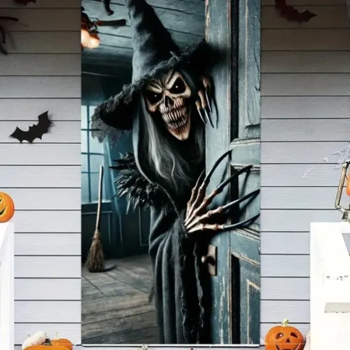 Halloween Door Cover Outdoor Banners Witch Psychedelic Dark Punk Gothic Style Party Outdoor Shooting Backgrounds Front Door Wall Porch Decorations Wall Door Background