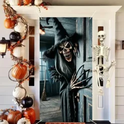 Halloween Door Cover Outdoor Banners Witch Psychedelic Dark Punk Gothic Style Party Outdoor Shooting Backgrounds Front Door Wall Porch Decorations Wall Door Background